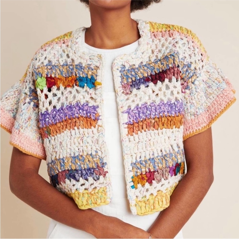 Anthropologie Mia Hand-Knit Cropped Cardigan Silk‎ Blend Size XS/S